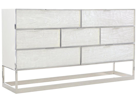 Interiors Parkhurst 7-Drawer Dresser in High Sheen White Lacquer with Stainless Steel