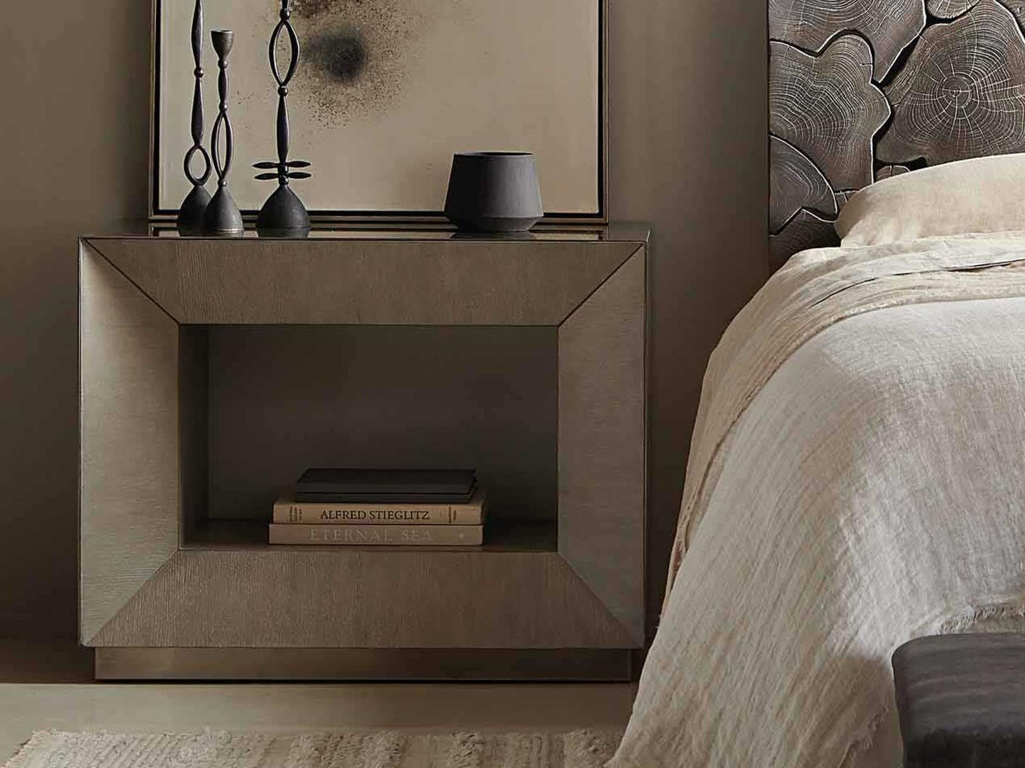 Interiors Trane Nightstand in Tarnished Nickel and Cerused Greige