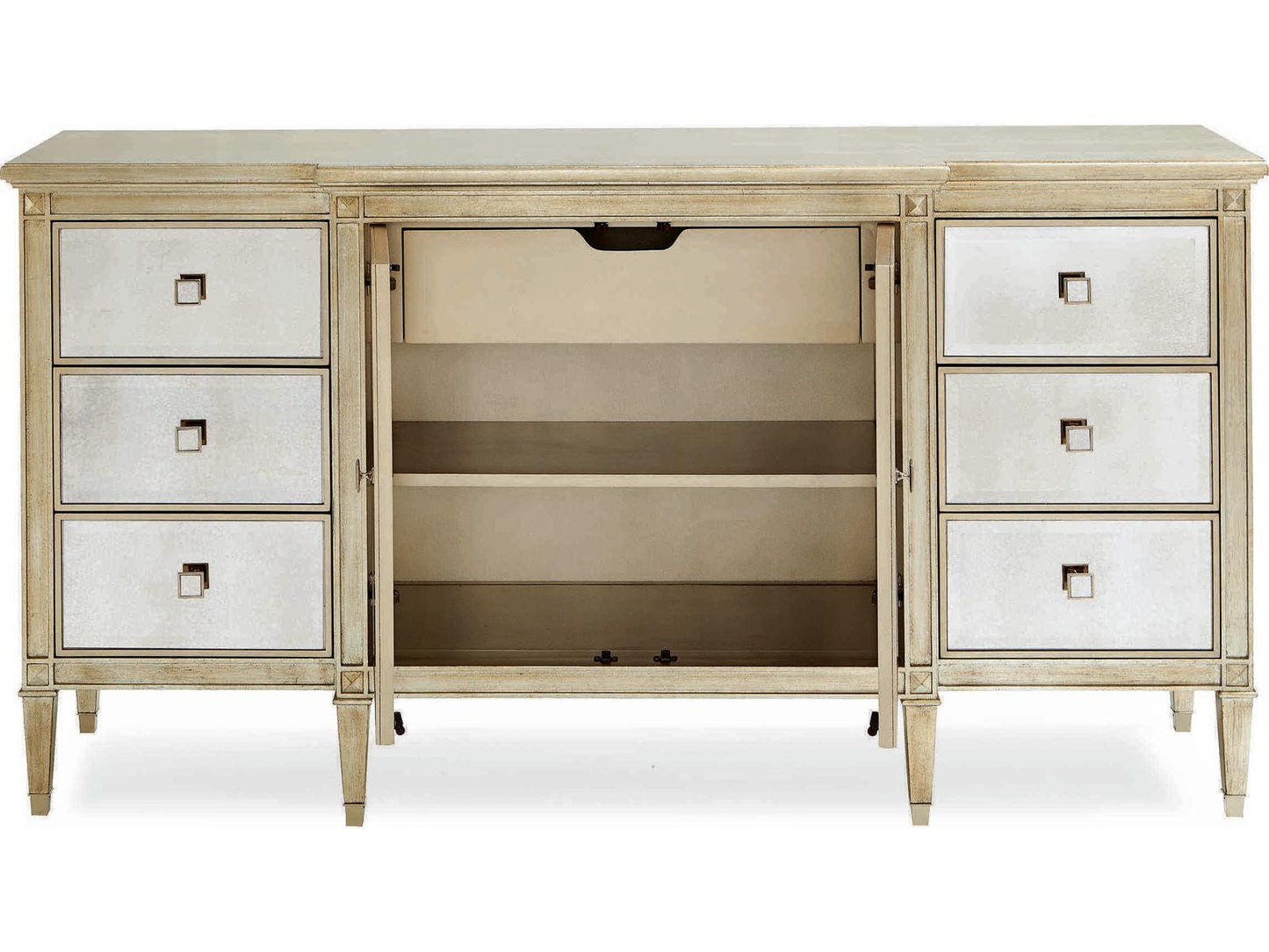 La-Dee-Dah Auric Silver Leaf Dresser with Antique Mirror Facades