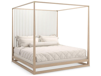 Pinstripe Light King Canopy Bed in Sun Drenched Oak and Almond Milk