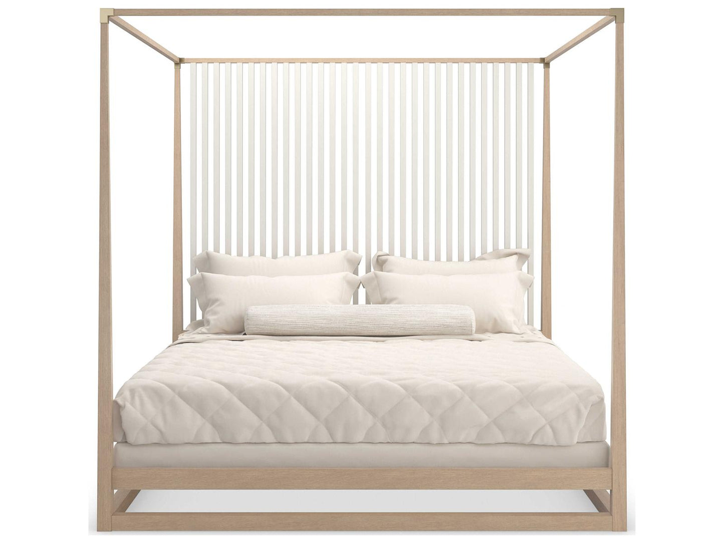 Pinstripe Light King Canopy Bed in Sun Drenched Oak and Almond Milk