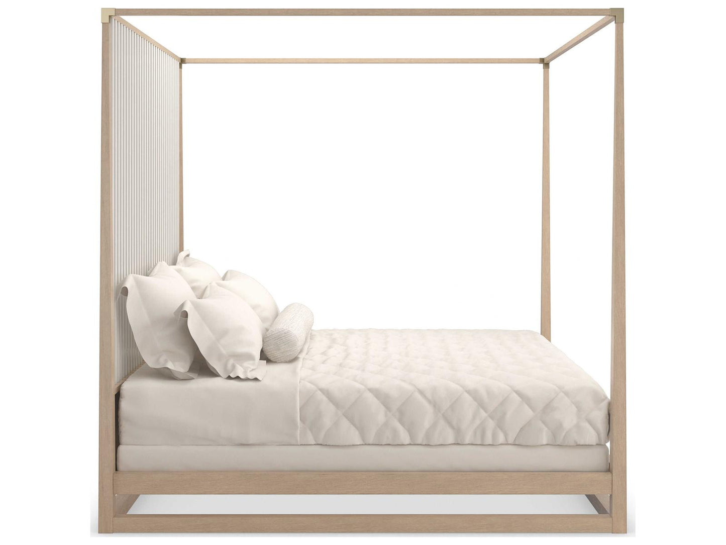 Pinstripe Light King Canopy Bed in Sun Drenched Oak and Almond Milk