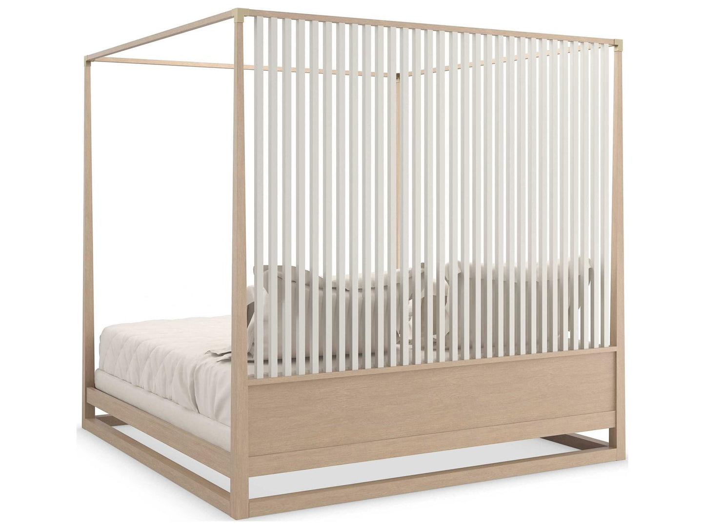 Pinstripe Light King Canopy Bed in Sun Drenched Oak and Almond Milk