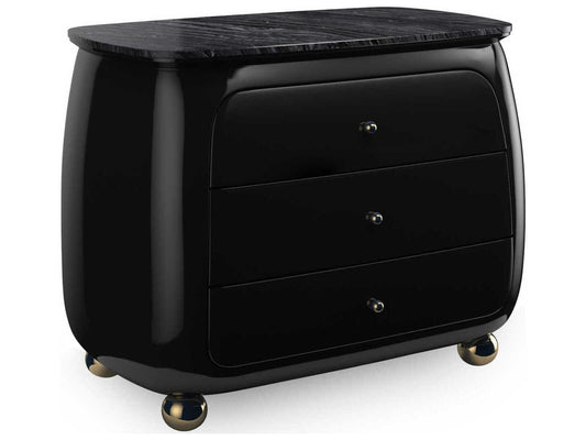 Classic Cabochon 3-Drawer Nightstand in Piano Black and Tree Black Stone