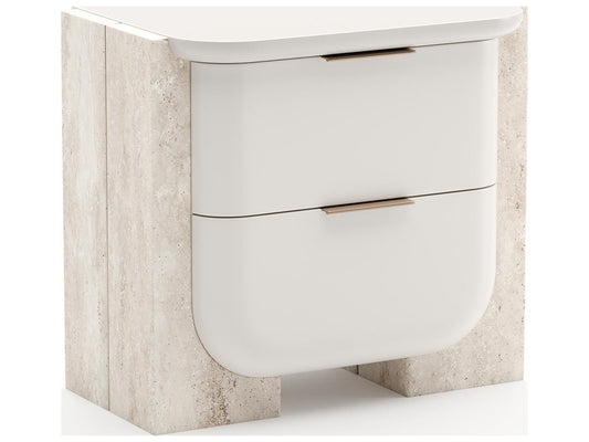 Overlap Small Nightstand with Two Drawers in Latte and Travertine