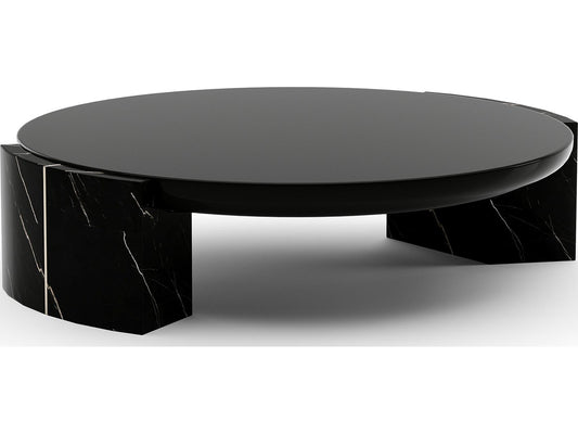 Overlap Round Cocktail Table Dark with Piano Black Top and Nero Marquina Stone