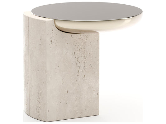 Overlap Round Side Table Light in Whisper of Gold and Travertine