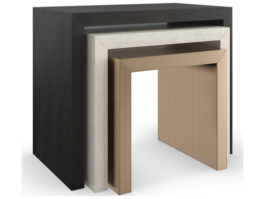 Modern Principles Contrast Nesting Tables in Cinder Creme Travertine and Lucent Bronze