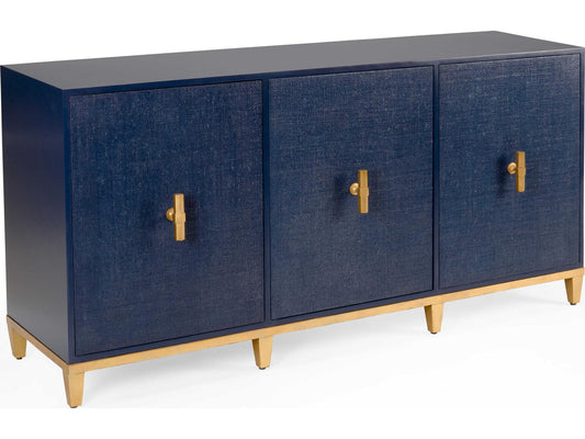 Avery Wood Console Table in Navy with Raffia Doors and Gold Leaf Hardware