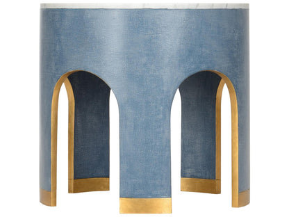 Elizabeth Wicker Aqueduct Round Marble Blue White End Table -
