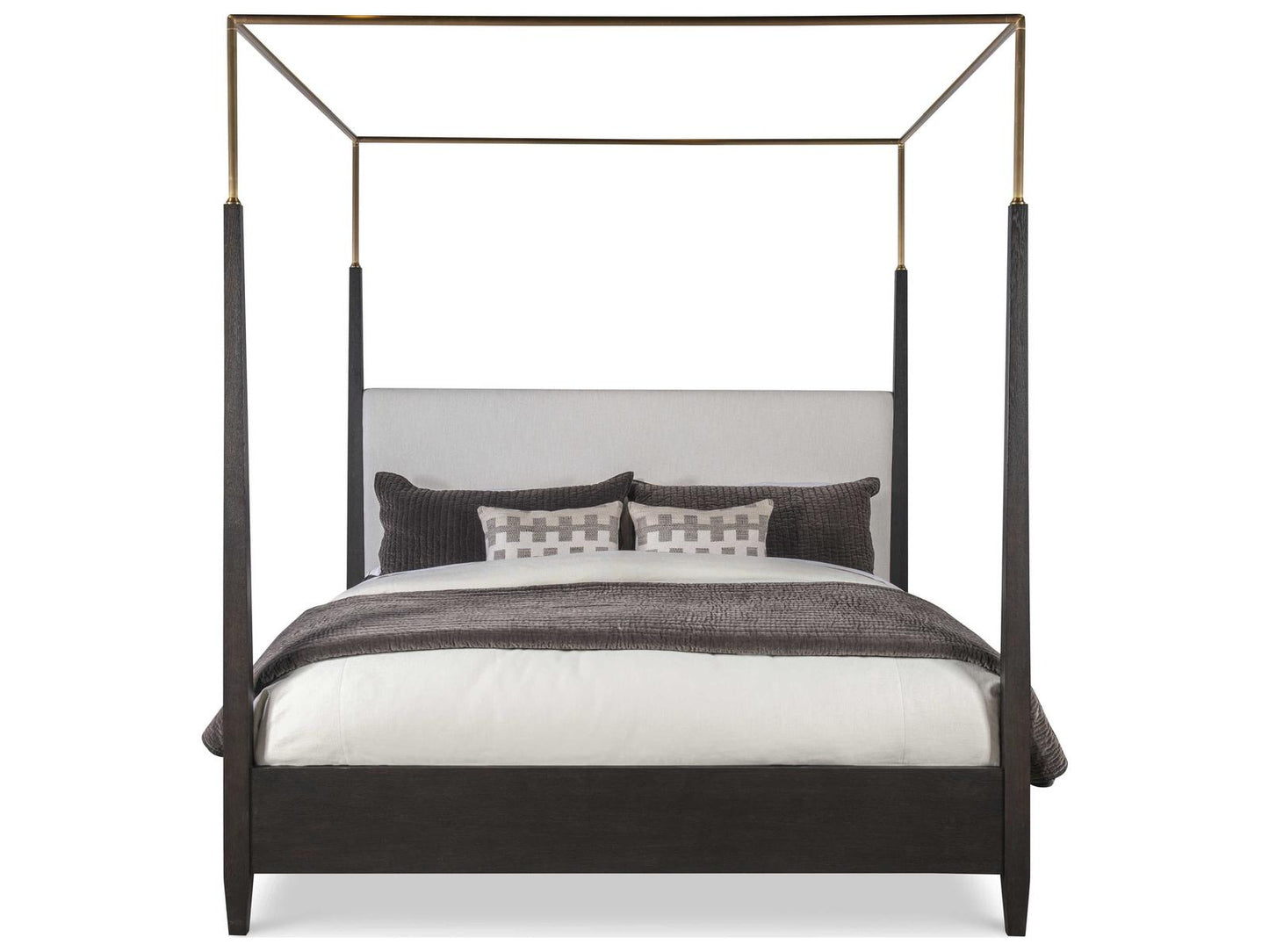 Cadence Mocha Antique Brass Brown Oak Wood King Canopy Bed