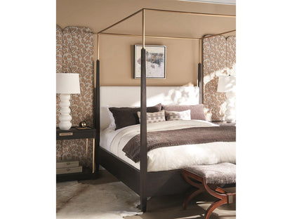 Cadence Mocha Antique Brass Brown Oak Wood King Canopy Bed