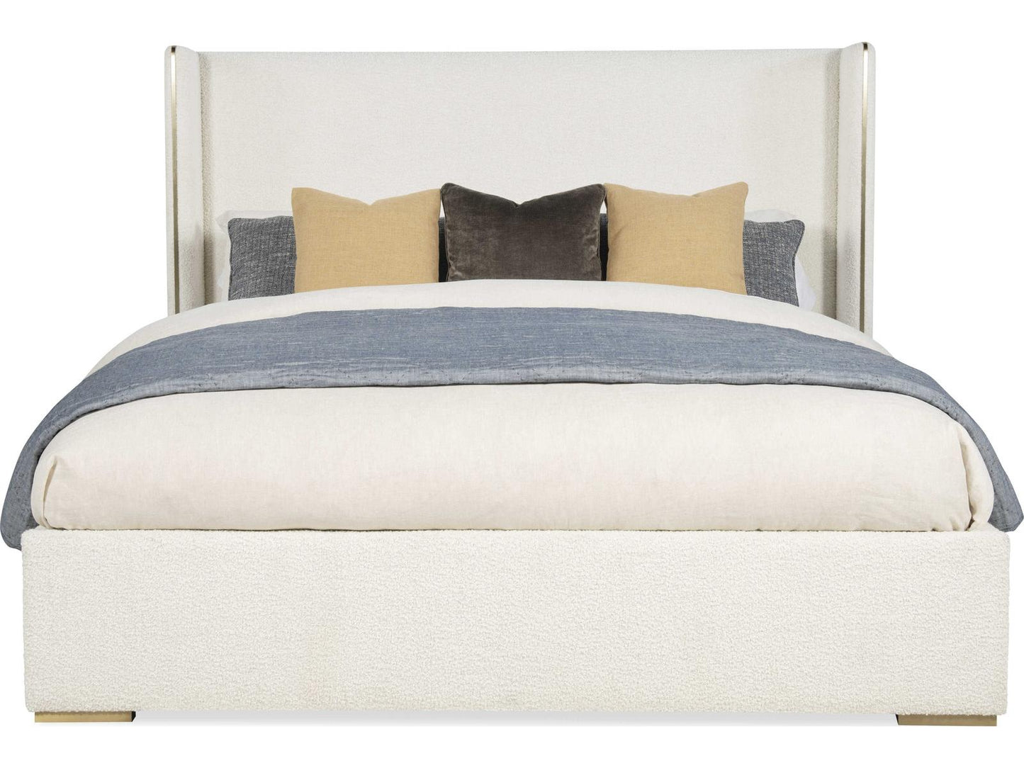 Cadence Upholstered Wing King Bed with Antique Brass Trim