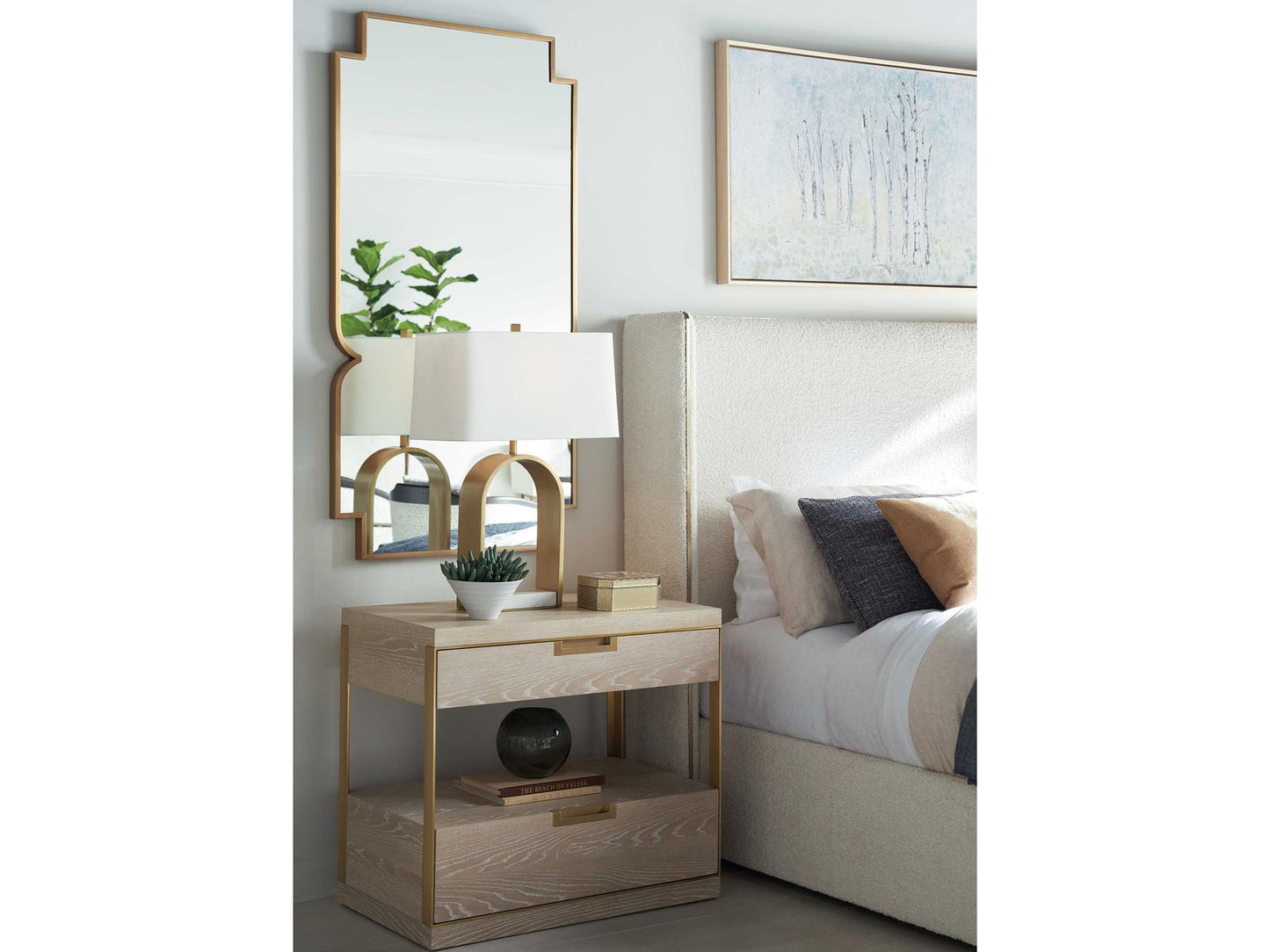 Cadence Upholstered Wing King Bed with Antique Brass Trim