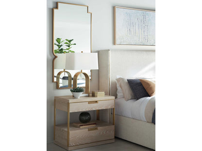 Cadence Upholstered Wing King Bed with Antique Brass Trim