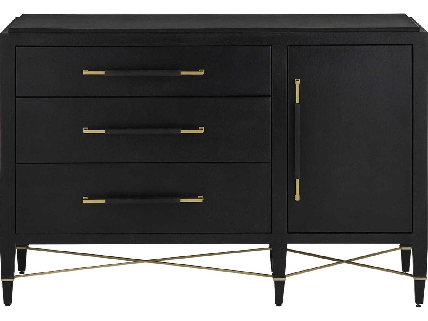 Currey and Company Verona Three-Drawer Chest in Black Lacquered Linen and Champagne