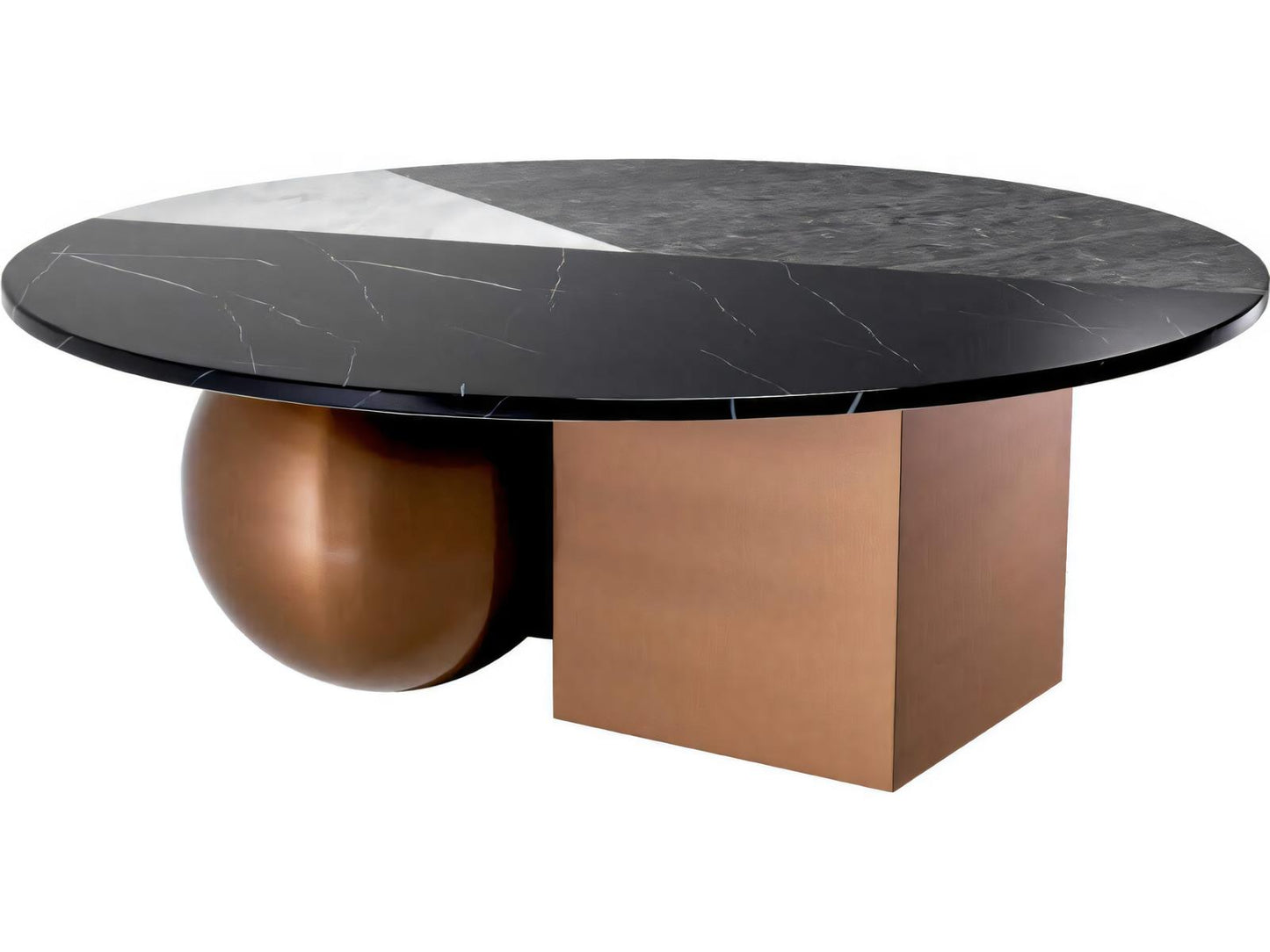 Tricolori Round Coffee Table with Brushed Copper Base and Faux Marble Top