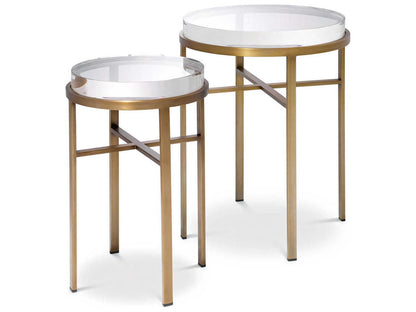 Hoxton Set of 2 Round Side Tables with Brushed Brass Finish and Glass Tops