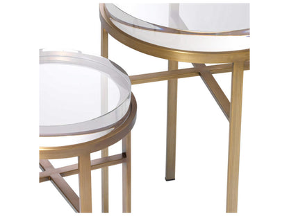 Hoxton Set of 2 Round Side Tables with Brushed Brass Finish and Glass Tops