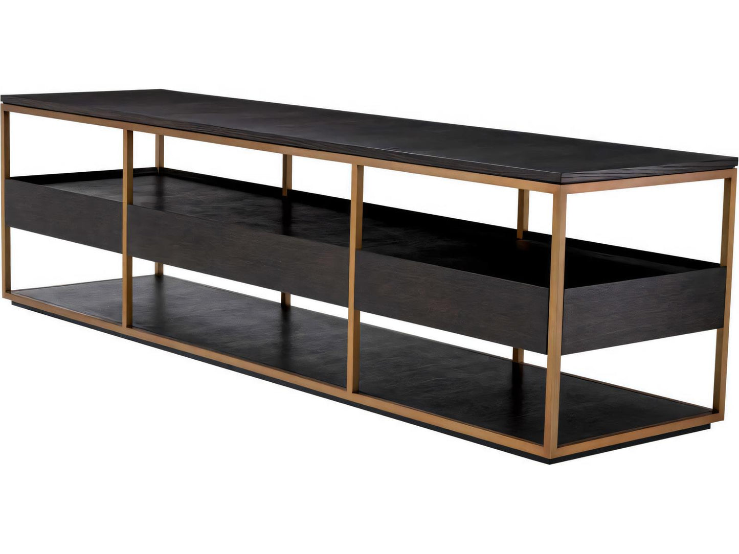 Parker L Mocha Straight Oak Veneer TV Cabinet with Brushed Brass Finish