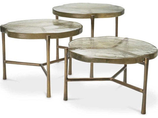 Baldovini Set of 3 Round Coffee Tables in Vintage Brass and Handmade Glass