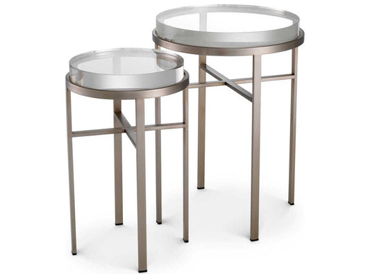 Hoxton Round Nesting Side Table Set in Brushed Steel with Clear Glass