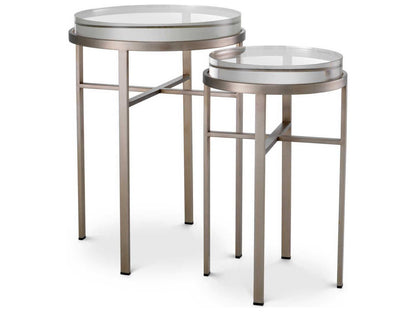 Hoxton Round Nesting Side Table Set in Brushed Steel with Clear Glass