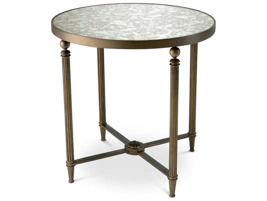 Bowery Round End Table with Antique Mirror Glass and Bronze Finish