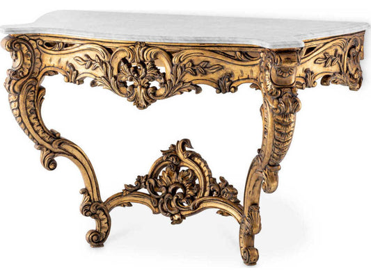 Rococo Rectangular Console Table with Antique Gold Finish and White Marble