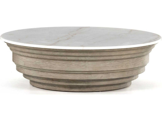 Hughes Caldwell Round Coffee Table in Weathered Blonde Pine and White Marble
