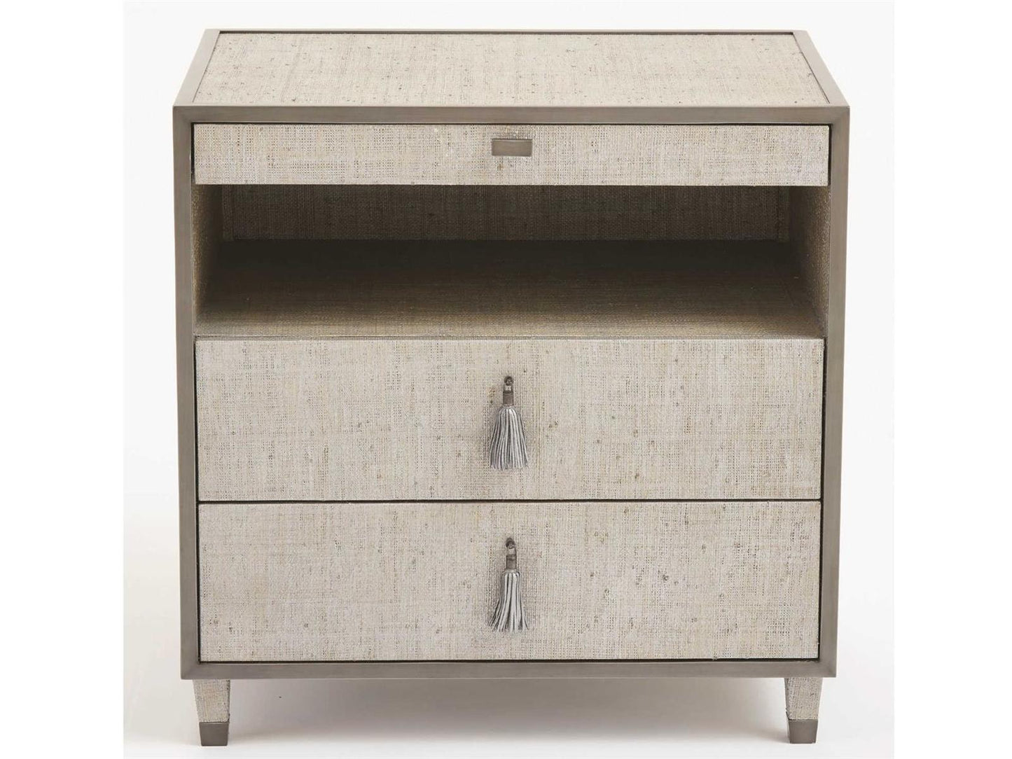 Argento 3-Drawer Nightstand in Silver Raffia and Pewter Trim