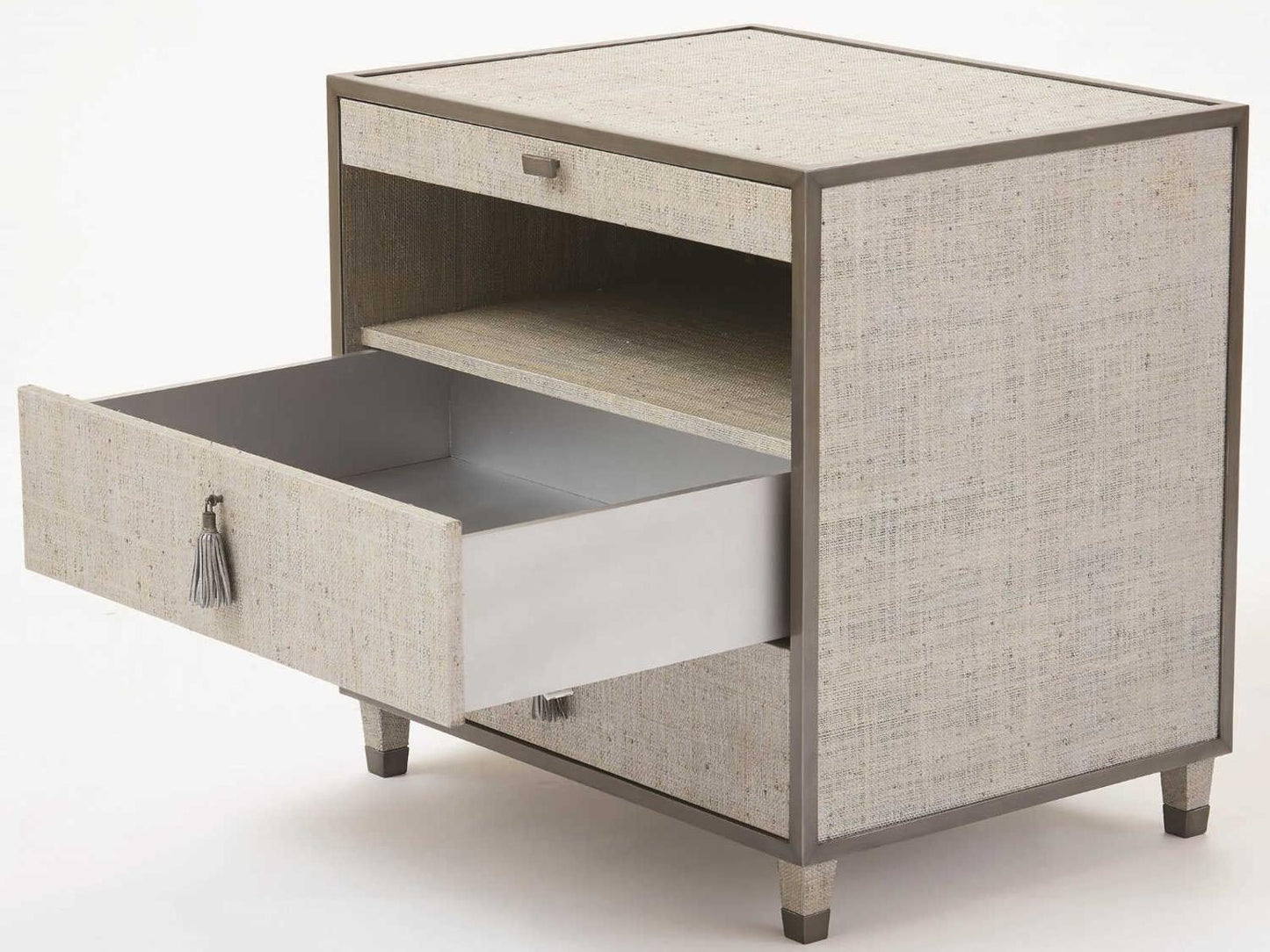 Argento 3-Drawer Nightstand in Silver Raffia and Pewter Trim