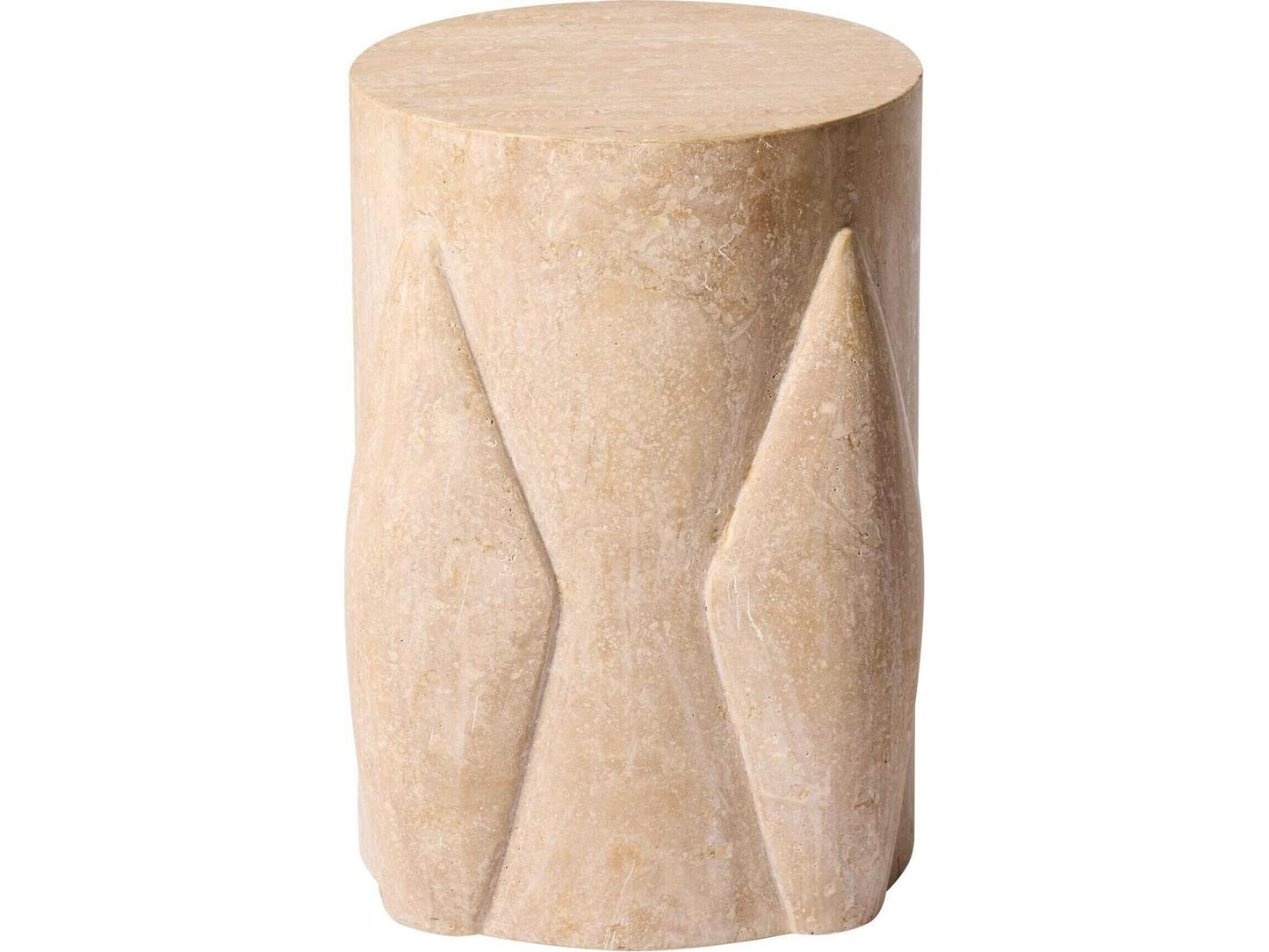Tusk Round Honed Travertine End Table with Hand-Carved Ridges