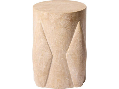Tusk Round Honed Travertine End Table with Hand-Carved Ridges