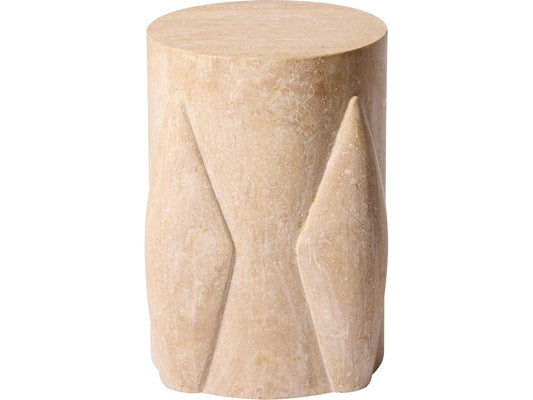 Tusk Round Honed Travertine End Table with Hand-Carved Ridges