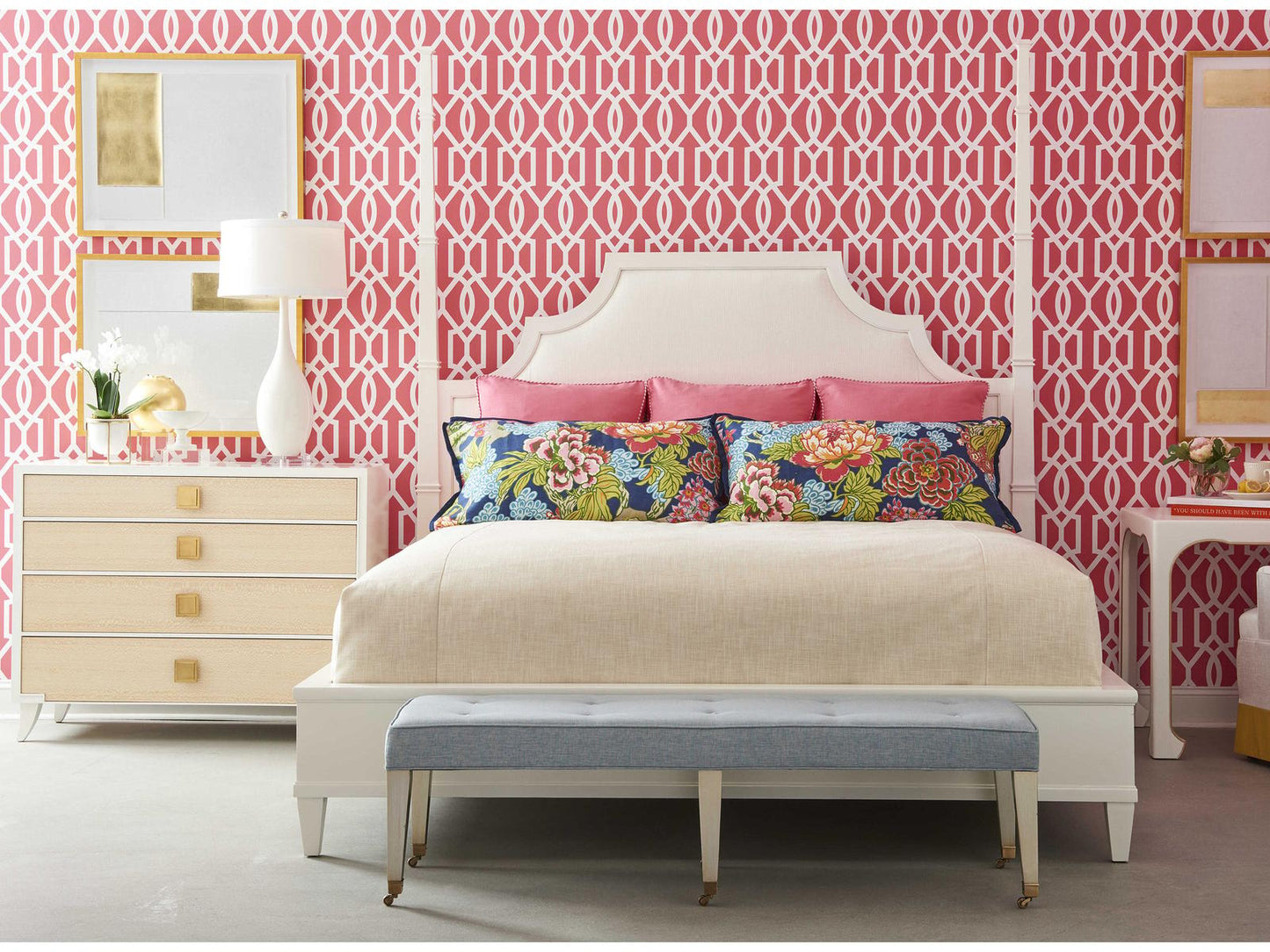 Trellis Upholstered Mazie Queen Poster Bed Sugar Ash Wood