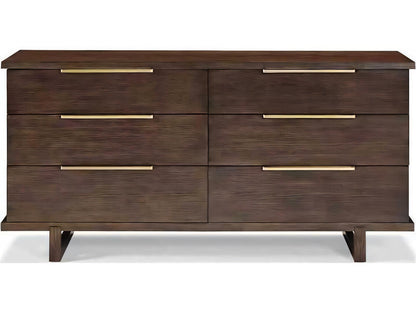 Modern Retreat 6-Drawer Brown Ash Wood Double Dresser with Brushed Brass Hardware