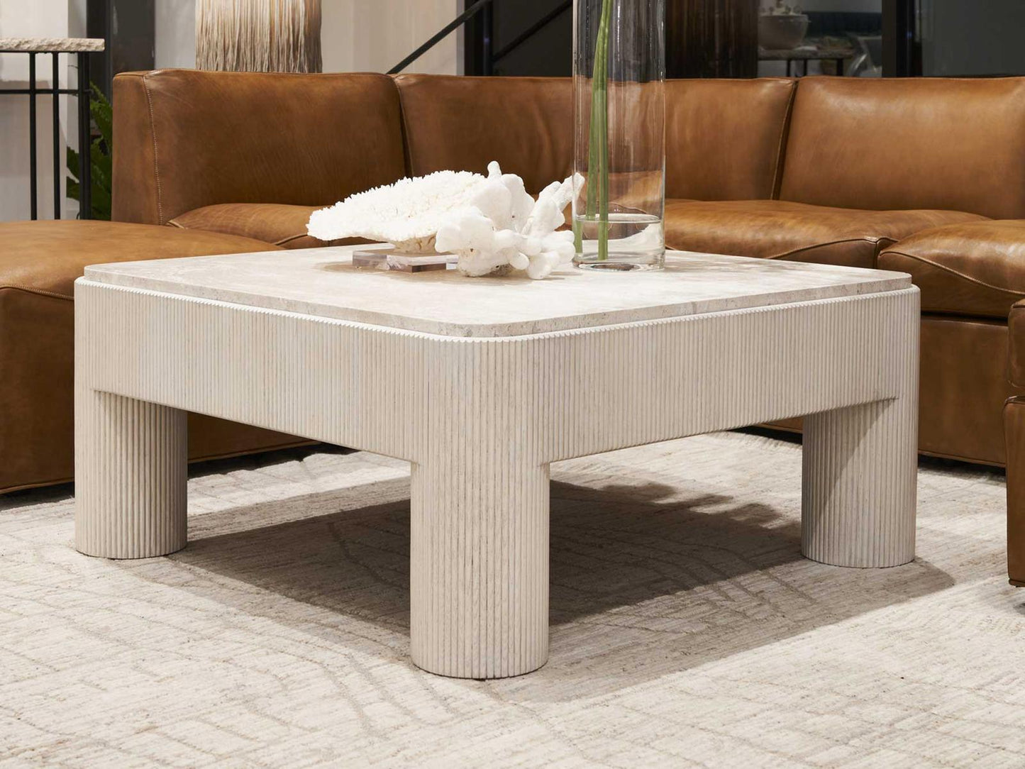 Revival 81 Square Coffee Table with Travertine Top in Gardenia White