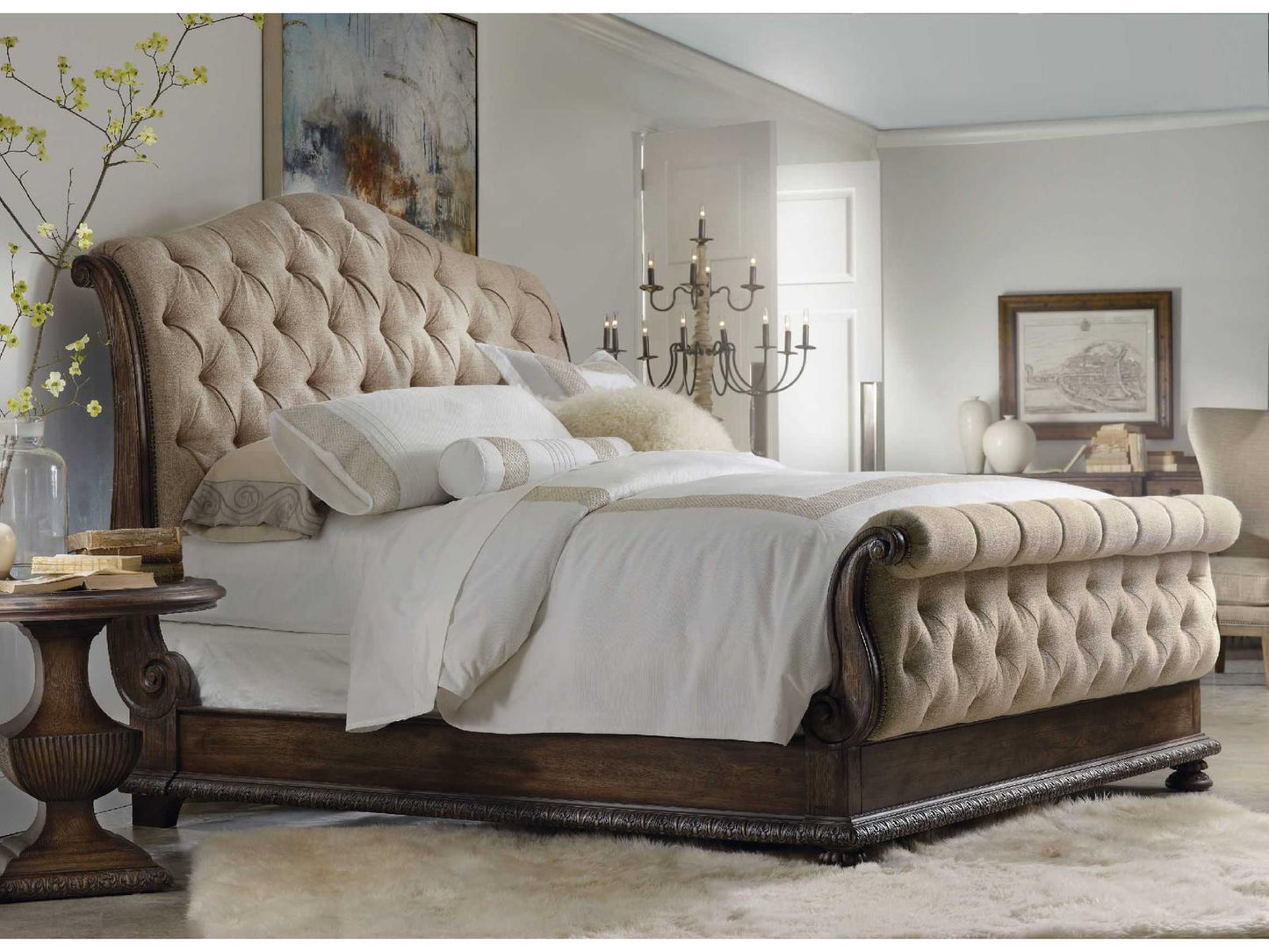 Rhapsody King Tufted Upholstered Bed in Aurora Ecru Fabric