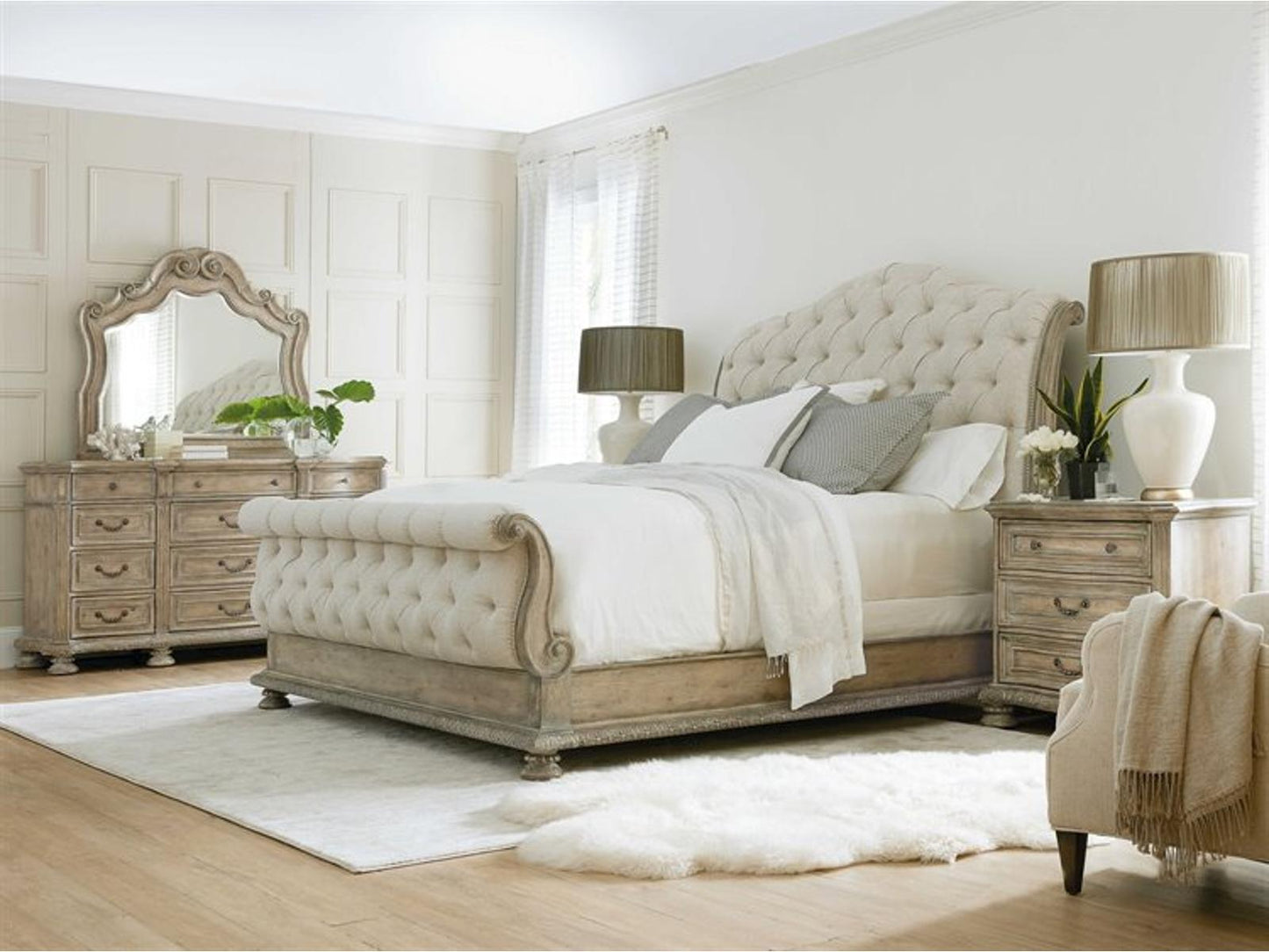 Castella King Tufted Bed in Natural Tan Performance Fabric