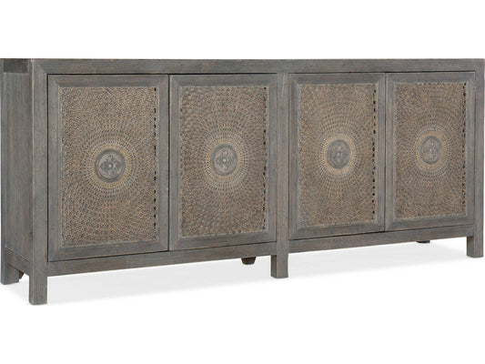 Melange Emmett 84-Inch Oak Wood Media Console with Floral Medallion Doors