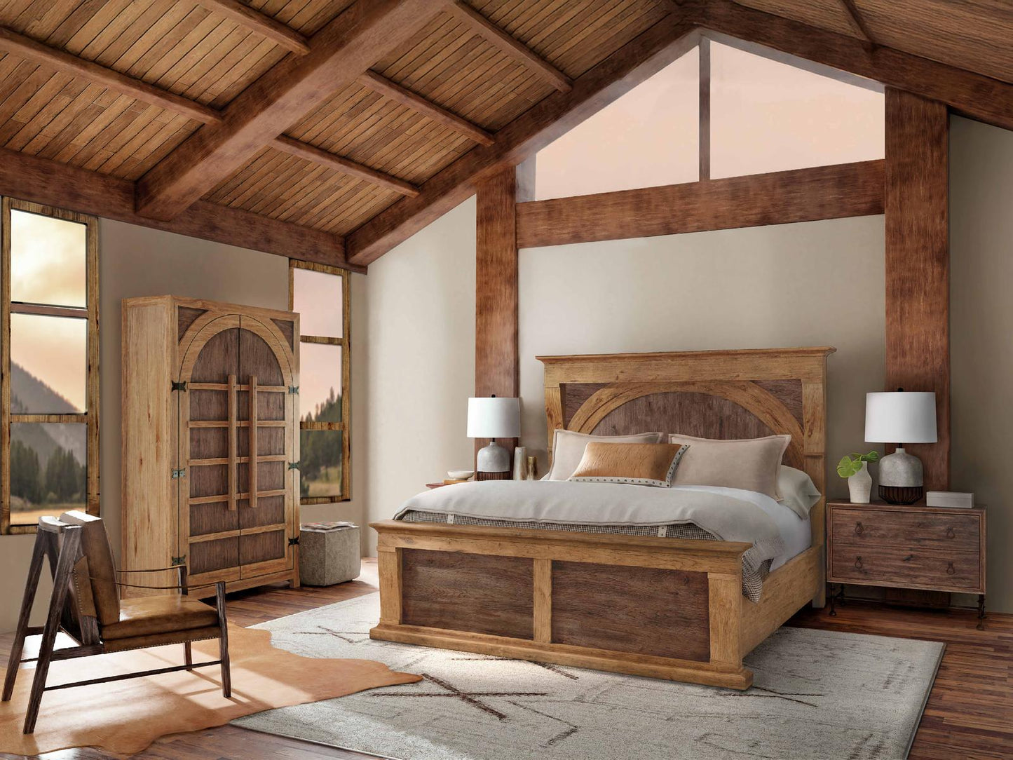 Big Sky Wardrobe Armoire in Vintage Natural Brown with Wood Bar Hardware