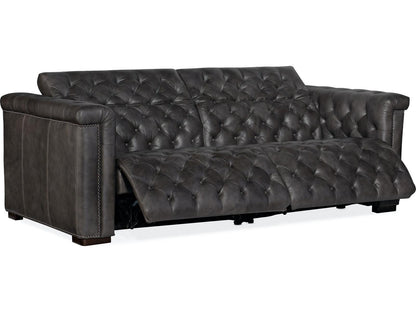 Savion Power Reclining Leather Sofa with Power Headrest in Bellagio Gravel