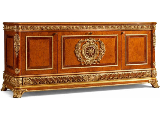 E-62 87 Inch Walnut Wood Sideboard with Gold Accents
