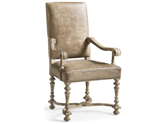 Sagehill Oak Wood Brown Leather Arm Dining Chair