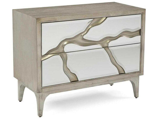Revne Two-Drawer Nightstand with Mirror Fronts and Silver Leafed Oak Base