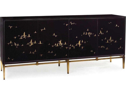 Migration Four-Door Credenza Black Glass with Old Gold Frame