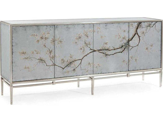 Falling Branch 4-Door ?glomisé Credenza with Hand-Painted Branches