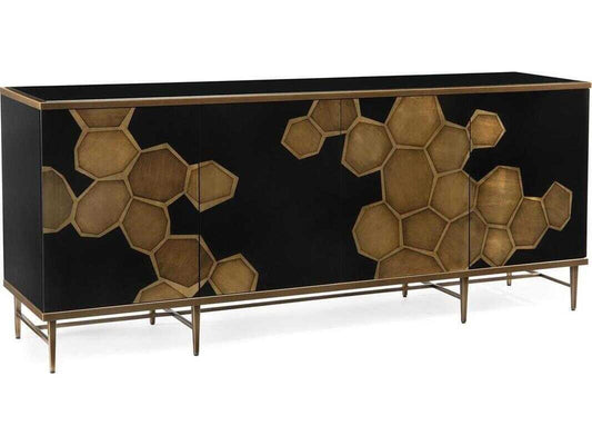 Honeycomb Black Glass Credenza with Gold Framing