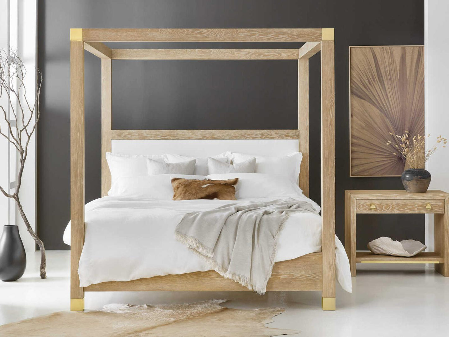 Ventura King Canopy Bed with Oak Veneer and Brass Accents